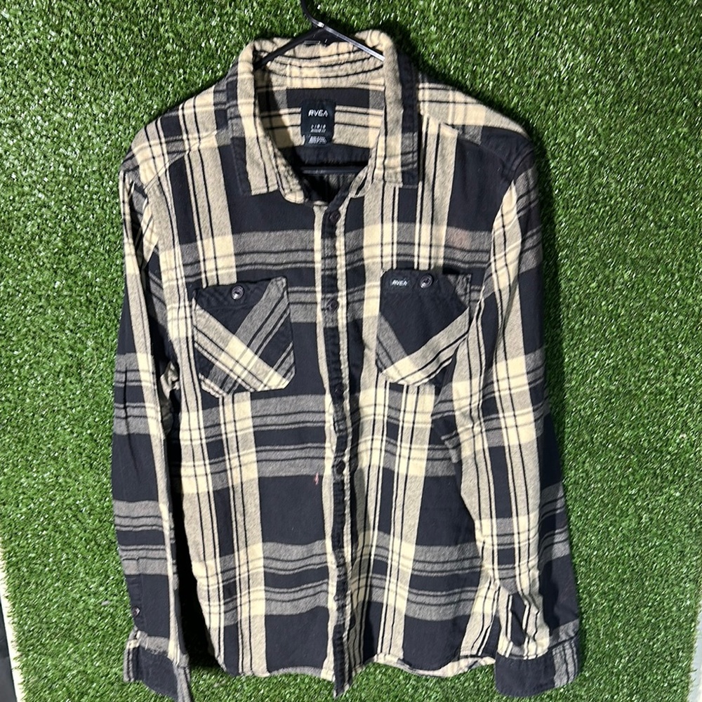 RVCA Black and Cream Plaid Button-Down Shirt